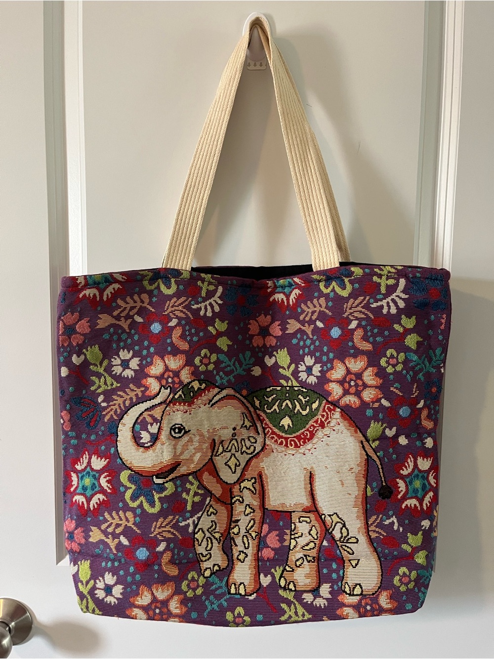 Purple Boho Elephant Tapestry Tote with Cream Straps